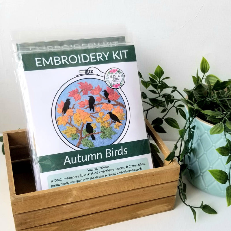 Autumn Birds Embroidery Kit: Grey-blue-Embroidery-Jessica Long Embroidery-Acorns & Twigs