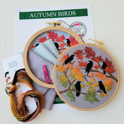 Autumn Birds Embroidery Kit: Grey-blue-Embroidery-Jessica Long Embroidery-Acorns & Twigs