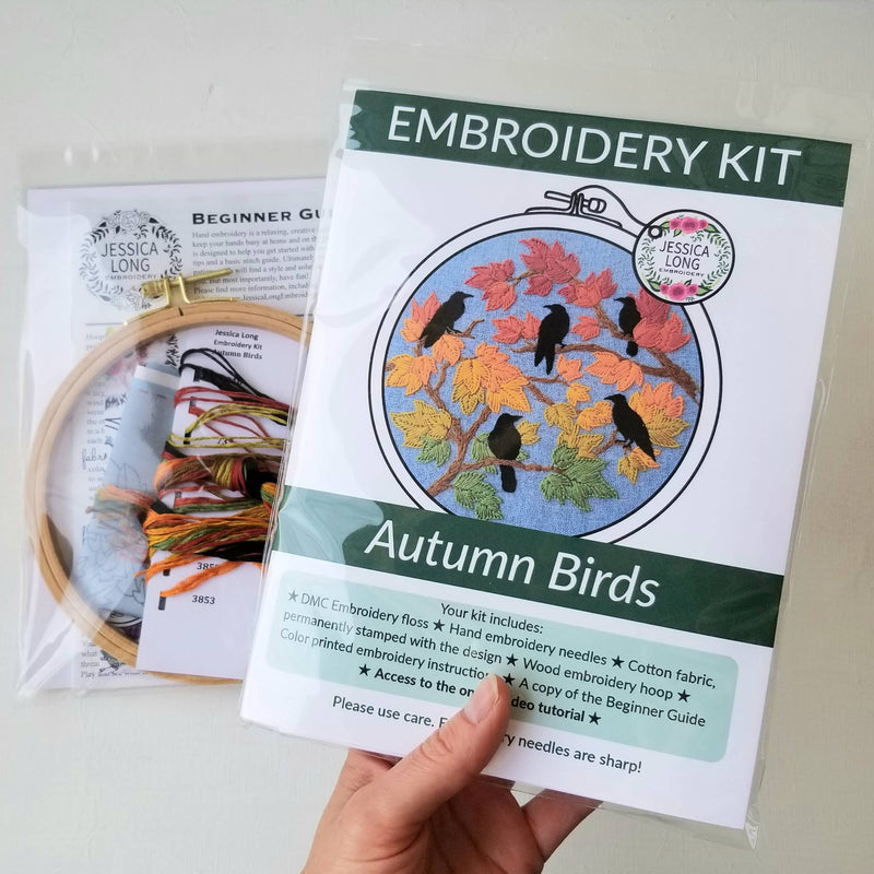 Autumn Birds Embroidery Kit: Grey-blue-Embroidery-Jessica Long Embroidery-Acorns & Twigs