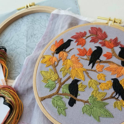 Autumn Birds Embroidery Kit: Grey-blue-Embroidery-Jessica Long Embroidery-Acorns & Twigs