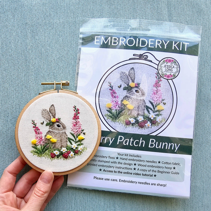 Berry Patch Bunny hand embroidery craft kit-Jessica Long Embroidery-Acorns &amp; Twigs