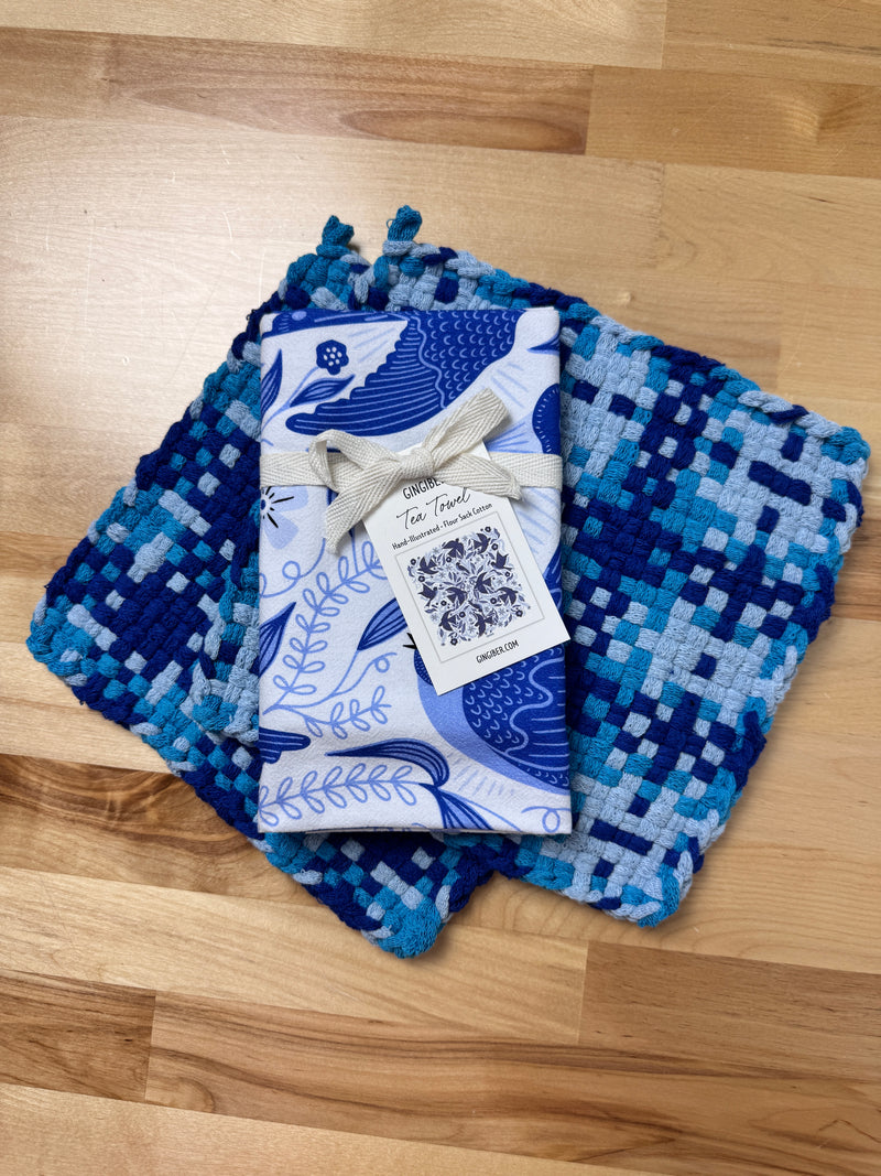 Blue Songbird Potholder + Tea Towel Kit – Gingiber Artist Series (PRO Size)-Potholder weaving-Acorns & Twigs-Acorns & Twigs