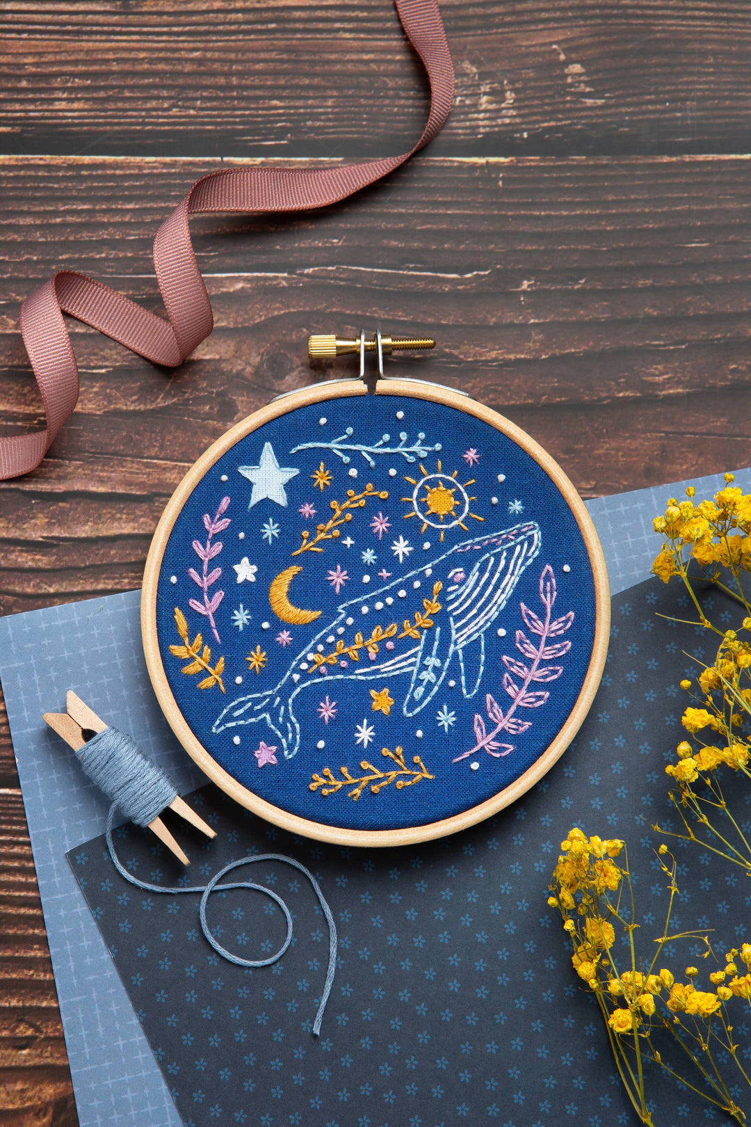 Celestial Whale Mini Embroidery Kit | Complete Craft Kit-Embroidery-Hawthorn Handmade (US Duties Paid)-Acorns &amp; Twigs