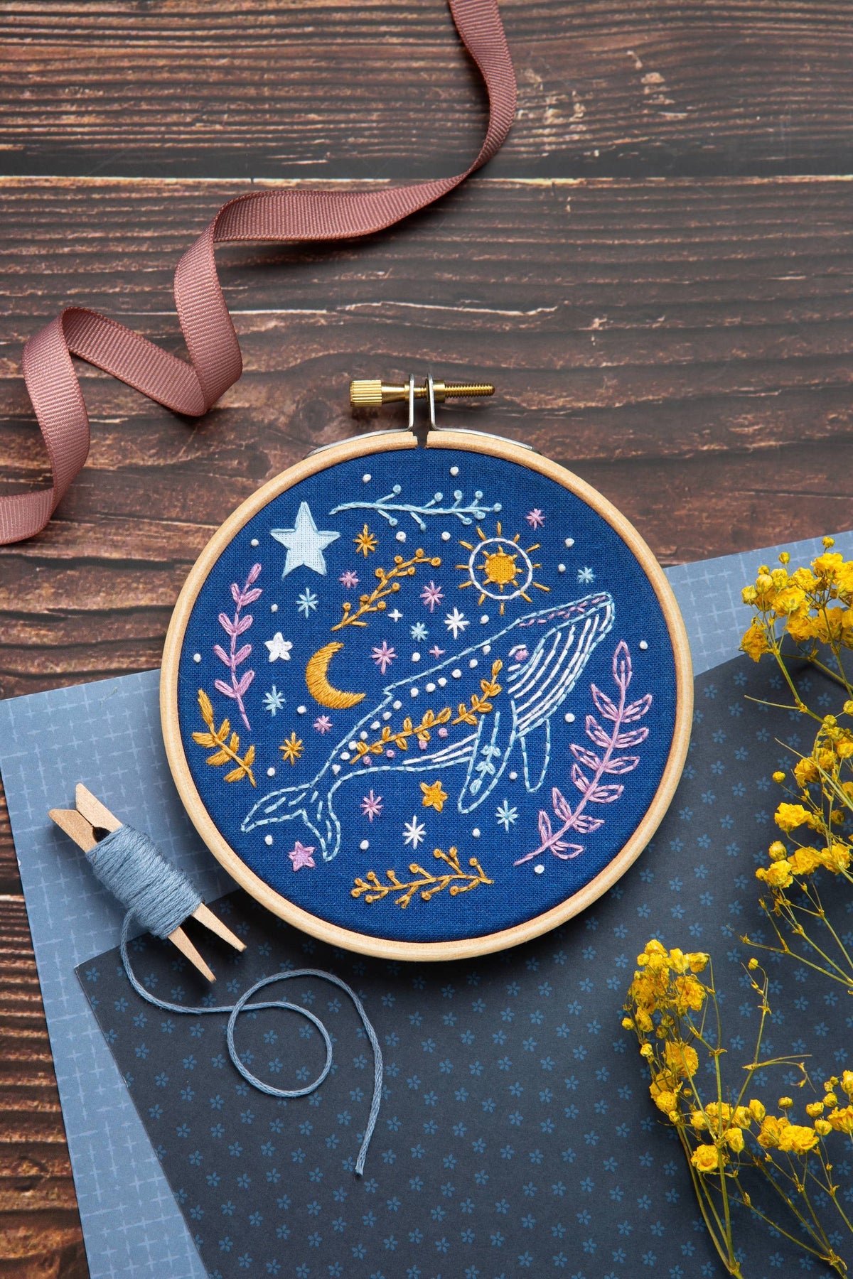 Celestial Whale Mini Embroidery Kit | Complete Craft Kit-Embroidery-Hawthorn Handmade (US Duties Paid)-Acorns & Twigs