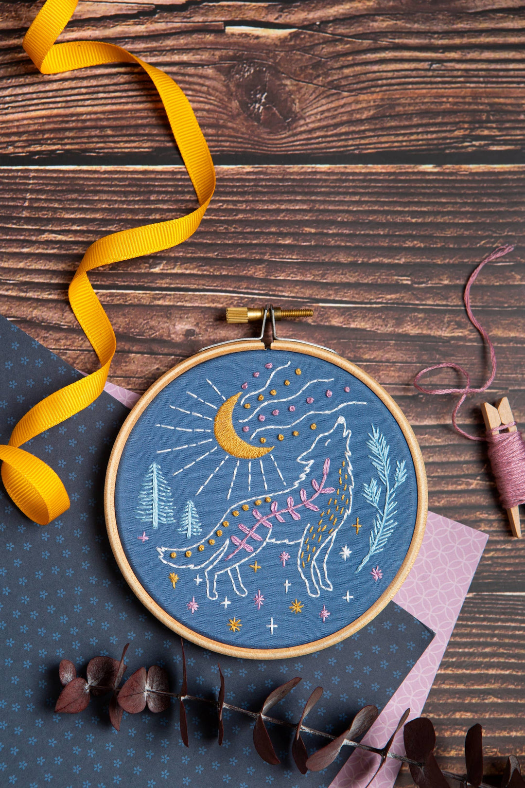 Celestial Wolf Mini Embroidery Kit | Complete Craft Kit for Beginners-Embroidery-Hawthorn Handmade (US Duties Paid)-Acorns &amp; Twigs