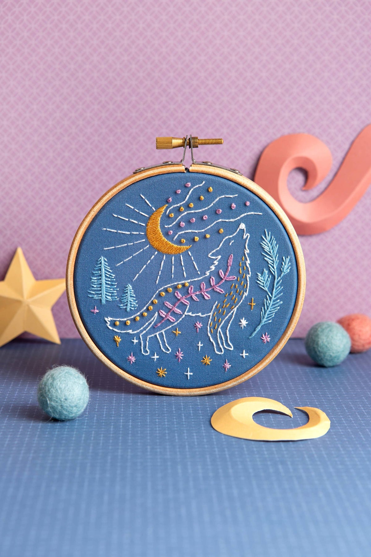 Celestial Wolf Mini Embroidery Kit | Complete Craft Kit for Beginners-Embroidery-Hawthorn Handmade (US Duties Paid)-Acorns & Twigs