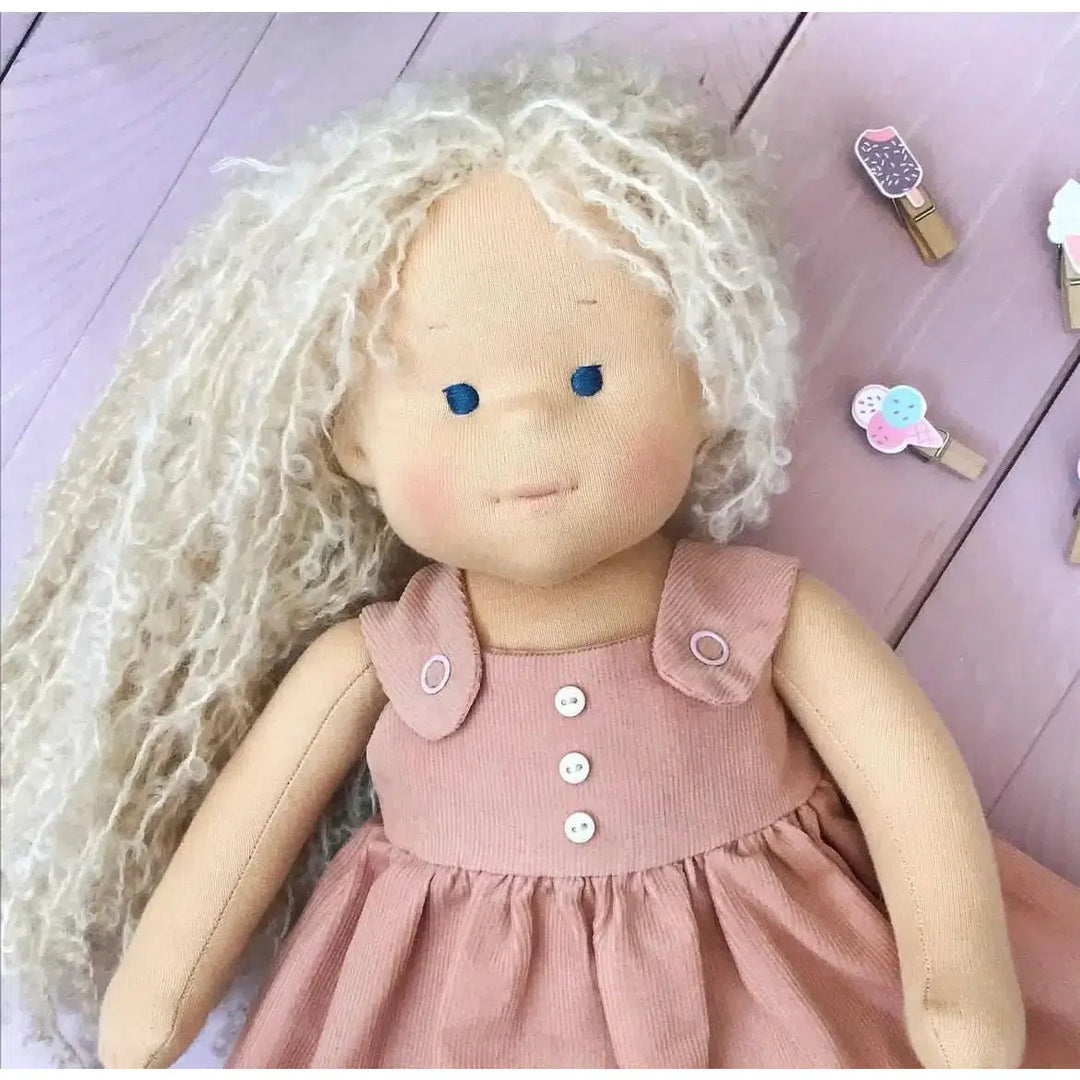 Waldorf/Steiner doll, hot teething doll, cotton velour fabric, natural fibres, organic alpaca, May Gibbs jersey baby wrap