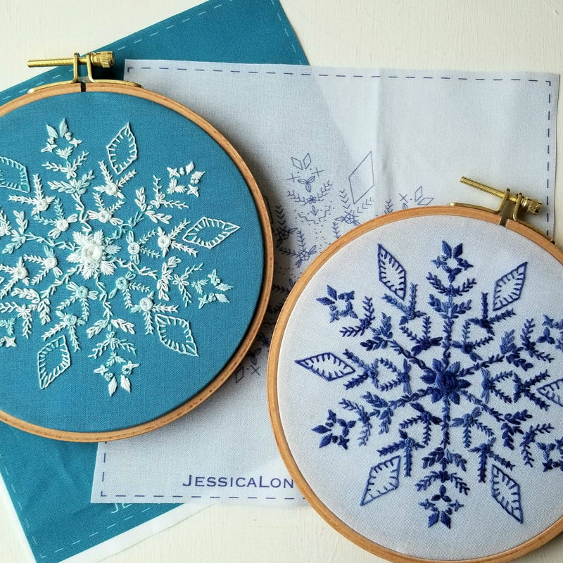 PRE ORDER: Snowflake Sampler Embroidery Kit: Dark Blue Fabric-Embroidery-Jessica Long Embroidery-Acorns & Twigs