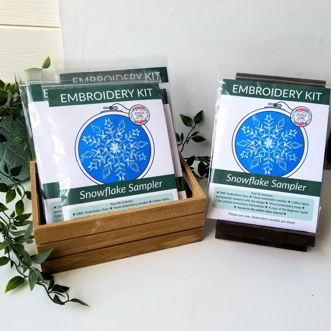 Snowflake Sampler Embroidery Kit: Dark Blue Fabric-Embroidery-Jessica Long Embroidery-Acorns &amp; Twigs