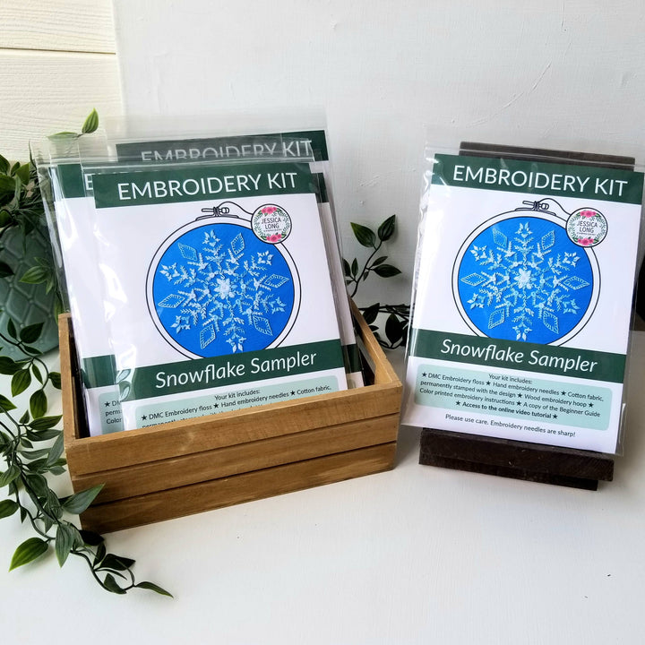 Snowflake Sampler Embroidery Kit: Dark Blue Fabric-Embroidery-Jessica Long Embroidery-Acorns &amp; Twigs