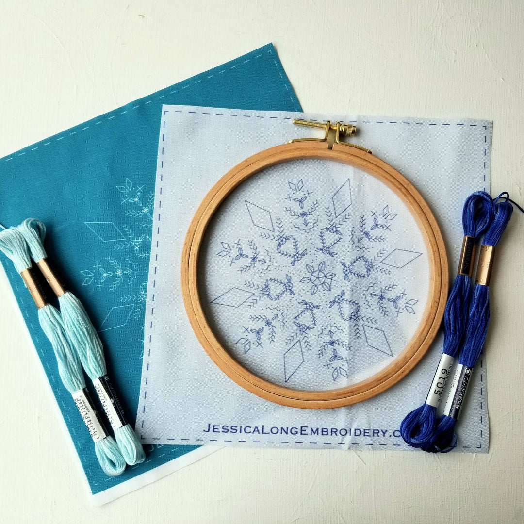 Snowflake Sampler Embroidery Kit: Dark Blue Fabric-Embroidery-Jessica Long Embroidery-Acorns &amp; Twigs