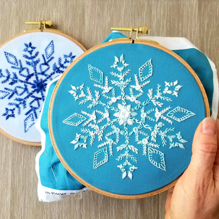 Snowflake Sampler Embroidery Kit: Dark Blue Fabric-Embroidery-Jessica Long Embroidery-Acorns &amp; Twigs