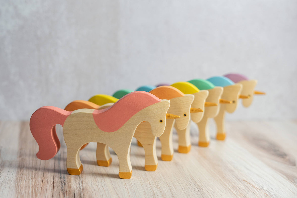 Waldorf large wooden Unicorn toy: Natural/green-PoppyBabyCo-Acorns & Twigs