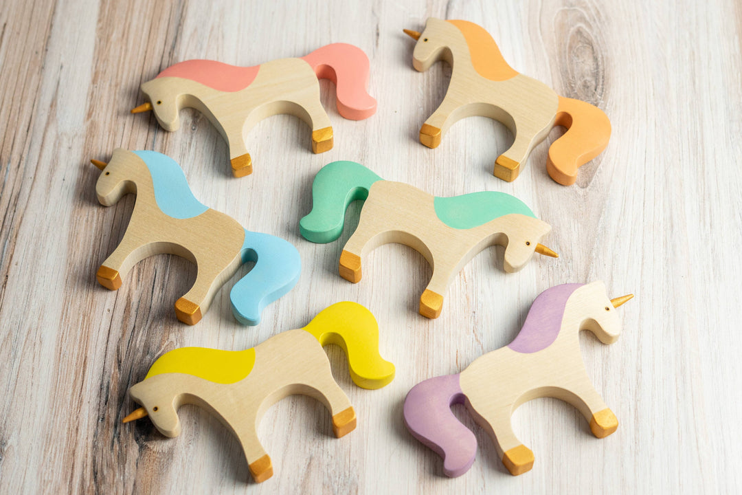 Waldorf large wooden Unicorn toy: Natural/green-PoppyBabyCo-Acorns &amp; Twigs