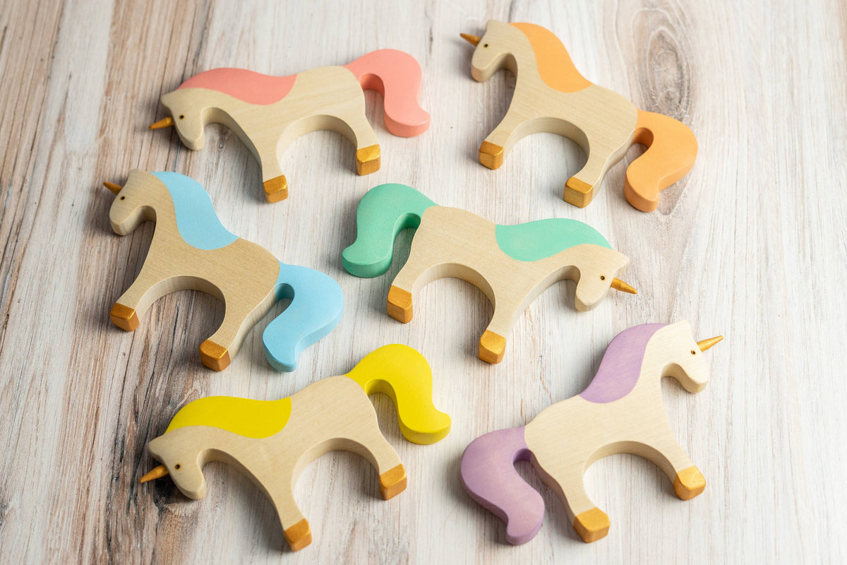 Waldorf large wooden Unicorn toy: Natural/green-PoppyBabyCo-Acorns & Twigs